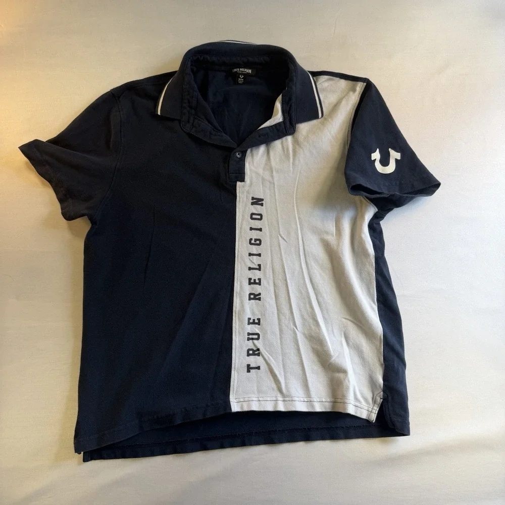 True Religion Men's Colorblock Polo Shirt Blue/White M Short Sleeve 100% Cotton